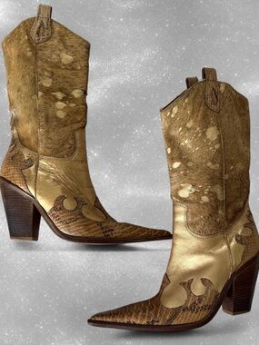 Gold Western Cowhide & Leather High-Heel Cowboy Boots - Women